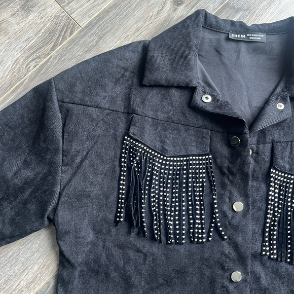 NWOT SHEIN Corduroy Black Studded Fringe Jacket - Picture 4 of 7